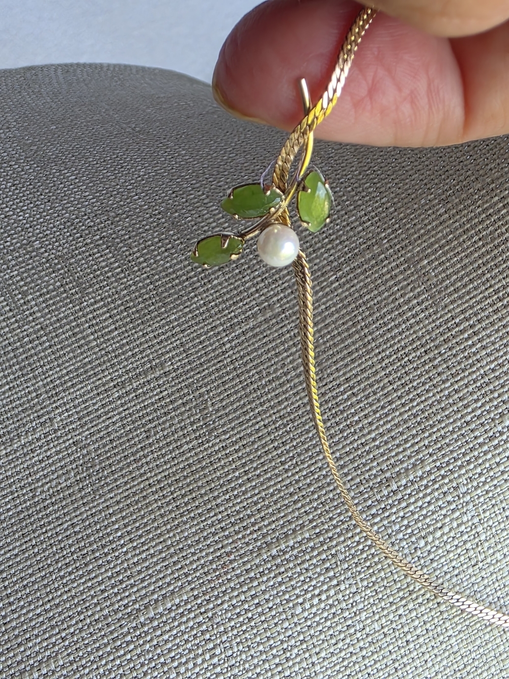 Vintage Carl-Art 14K Gold Filled Integrated Green Jade Marquise & Pearl Leaf Spr - Picture 8 of 11